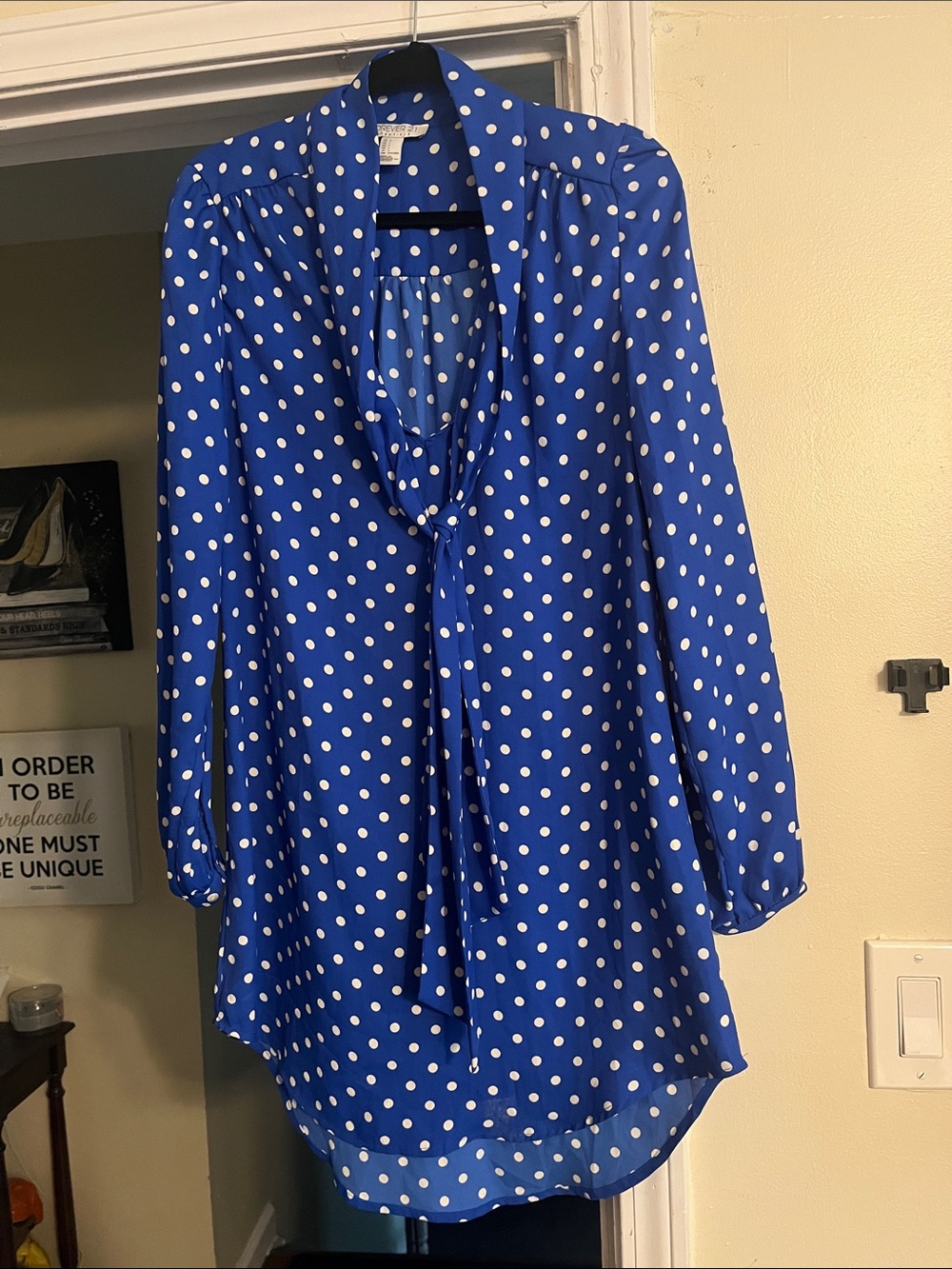 Forever 21 Royal Blue Polka Dot Tie-Neck Mini Dress